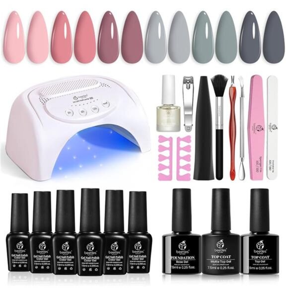 Gel Nail Polish Kit with Uv Light 48W Led Nail Lamp 6 Colors Nude Gray Pink Gel
